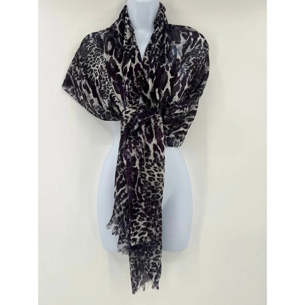 Chico's Purple Black Leopard Animal Print Lightweight Fringe Scarf Wrap